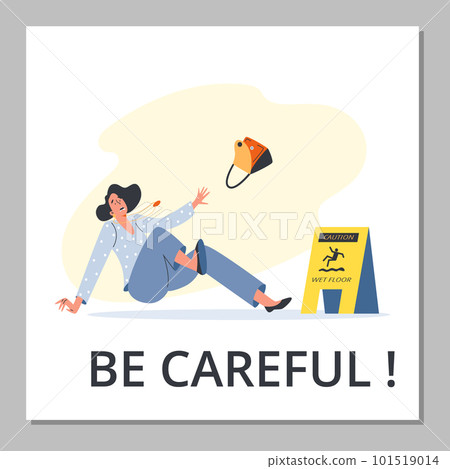 Woman falling down in front of wet floor caution sign, poster template - flat vector illustration. Woman falling down in front of wet floor caution sign, poster template - flat vector illustration. 101519014