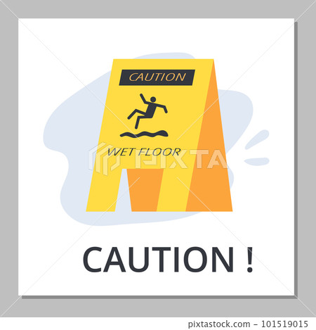 Squared banner with yellow triangular caution sign about wet floor flat style 101519015