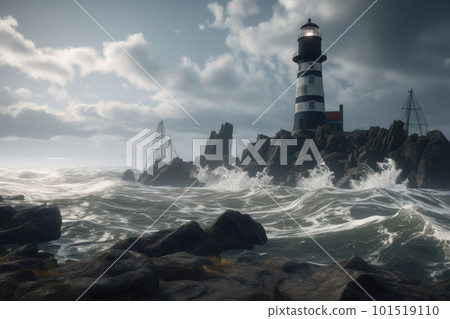 Sea landscape with stormy waves and lighthouse. Navigation for ships. Generative AI 101519110