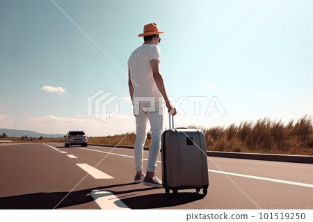 Man in casual wear hitchhiking on roadside. Adventure and tourism concept. Man with suitcase traveling by autostop. Generative AI Man in casual wear hitchhiking on roadside. Adventure and tourism concept. Man with suitcase traveling by autostop. Generative AI 101519250