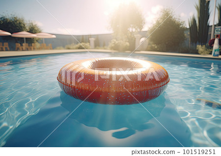 Empty rectangular blue swimming pool with swim ring. Chill out summer vacation concept. Generative AI 101519251
