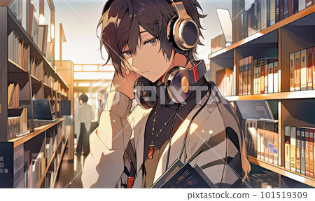 Handsome man with headphones standing in the library 101519309
