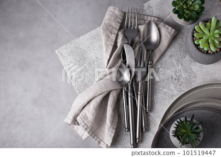 Steel modern cutlery, knife, spoon and fork 101519447
