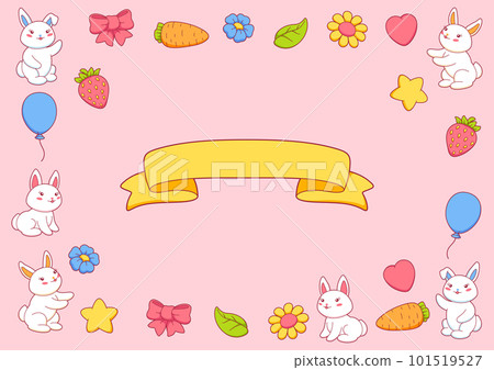 Background with cute kawaii little bunnies. Funny characters and decorations in cartoon style. 101519527