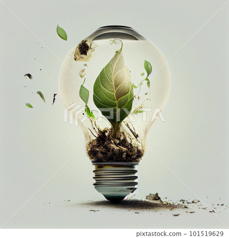 The glowing light bulb in soil signifies the creative inspiration for a healthier and more mindful future, with sustainable energy and environment concept. white background. Ai Generative 101519629