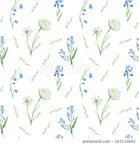 Seamless watercolor pattern with bluebell, forget-me-not, iris, Queen Annes lace on white background. Can be used for fabric prints, gift wrapping paper, kitchen textile. 101519881