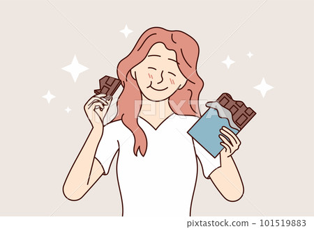 Happy girl smiles and eats delicious chocolate. A joyful woman enjoys a treat and feels great. Vector flat illustration Happy girl smiles and eats delicious chocolate. A joyful woman enjoys a treat and feels great. Vector flat illustration 101519883