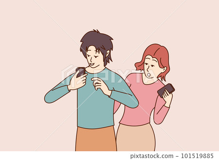 Curious girl follows her boyfriend correspondence and surveillance on social platforms. Woman distrust of her husband. Girl peeps into the man smartphone and reads the messages. Vector illustration 101519885