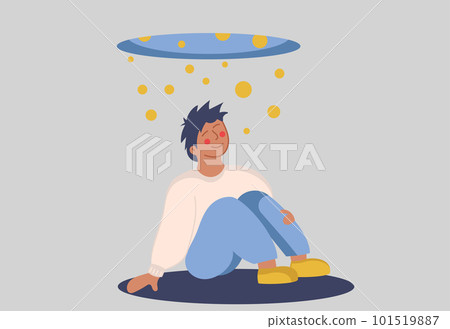 Happy man is inspired sits and rejoices. Cheerful boy sits under falling balls and is happy in life. New dreams and achievements, human freedom and human development. Vector illustration 101519887