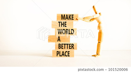 Make a better world symbol. Concept words Make the world a better place on wooden blocks. Beautiful white table white background. Businessman icon. Business make a better world concept. Copy space. 101520006