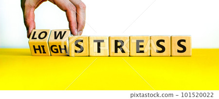 Low or high stress level symbol. Businessman turns wooden cubes and changes words high stress to low stress. Beautiful yellow table, white background. Low or high stress level concept. Copy space. 101520022