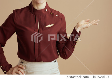 Stylish air hostess woman presenting something on beige Stylish air hostess woman presenting something on beige 101520104