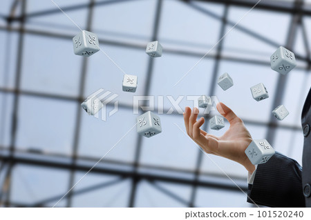 Businessman tossing dice with percentage icon. Businessman tossing dice with percentage icon. 101520240