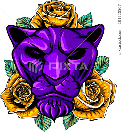 Lion with roses and leaves illustration on white background. 101520567