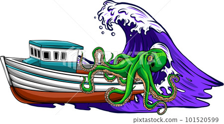 vector illustration of sailing ship and kraken giant octopus on white background 101520599
