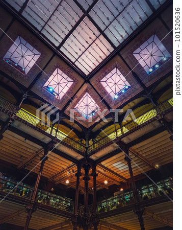 Architectural details of the glowing glass ceiling inside the Museum of Natural History, Paris, France 101520636