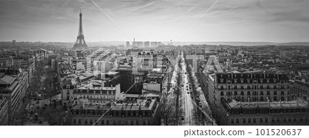 Paris cityscape black and white panorama with view to the Eiffel Tower, France. Beautiful parisian architecture with historic buildings and landmarks Paris cityscape black and white panorama with view to the Eiffel Tower, France. Beautiful parisian architecture with historic buildings and landmarks 101520637