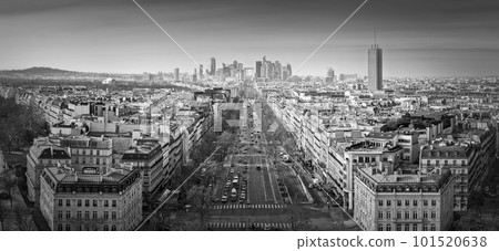 Black and white Paris cityscape panorama with view to La Defense metropolitan district, France. Champs-Elysee avenue, beautiful parisian architecture, historic buildings and landmarks on the horizon Black and white Paris cityscape panorama with view to La Defense metropolitan district, France. Champs-Elysee avenue, beautiful parisian architecture, historic buildings and landmarks on the horizon 101520638