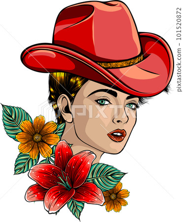 Woman with a cowboy hat. Hand drawn vector illustration on white background Woman with a cowboy hat. Hand drawn vector illustration on white background 101520872