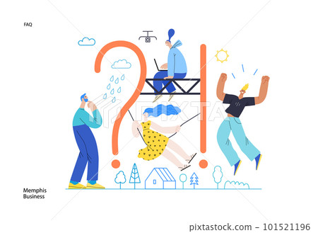 Memphis business illustration. FAQ -modern flat vector concept illustration of people with interrogation markand exclamation point. Frequently asked questions metaphor Corporate business sales concept 101521196