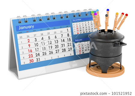 Fondue set with desk calendar, 3D rendering 101521952
