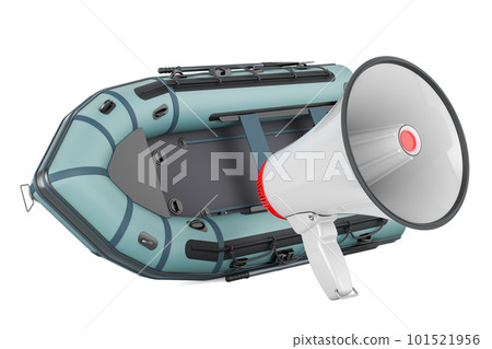 Inflatable boat with megaphone, 3D rendering Inflatable boat with megaphone, 3D rendering 101521956