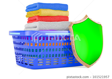 Laundry basket full of clean clothes with shield, 3D rendering Laundry basket full of clean clothes with shield, 3D rendering 101521957
