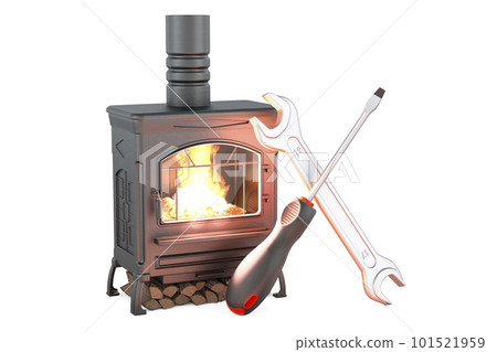 Potbelly stove, wood burner stove with chimney pipe and firewood burning, 3D rendering Potbelly stove, wood burner stove with chimney pipe and firewood burning, 3D rendering 101521959