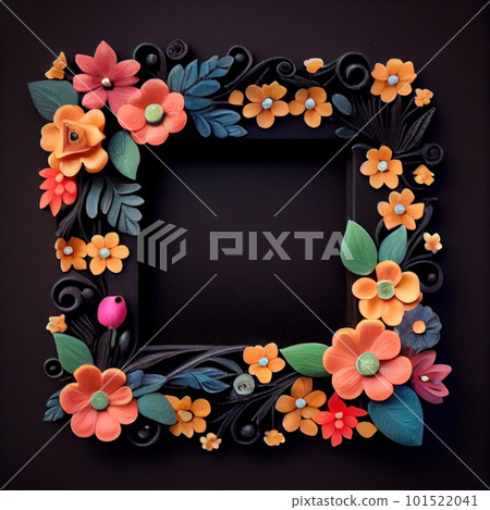An empty square frame covered with polymer clay flowers on solid background. Plasticine texture. AI generated decorative illustration with a square frame made of colorful flowers. An empty square frame covered with polymer clay flowers on solid background. Plasticine texture. AI generated decorative illustration with a square frame made of colorful flowers. 101522041
