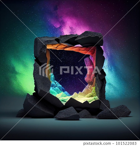 A stone square frame with colorful rocks on bright background. Natural rock texture, northern light colors. Ai generated abstract illustration with a square frame made of stone. 101522083