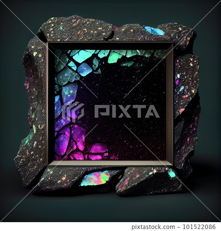 An empty colorful stonelike square frame on solid background. Natural rock texture, northern light colors. Ai generated abstract illustration with a square frame made of vivid stone. An empty colorful stonelike square frame on solid background. Natural rock texture, northern light colors. Ai generated abstract illustration with a square frame made of vivid stone. 101522086