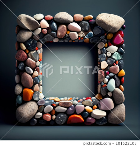An empty colorful pebbles square frame on solid background. Natural rock texture, bright colors. Ai generated abstract illustration with a square frame made of vivid pebbles. An empty colorful pebbles square frame on solid background. Natural rock texture, bright colors. Ai generated abstract illustration with a square frame made of vivid pebbles. 101522105