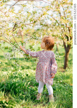a pretty kid girl in a violet dress in a spring garden 101522385