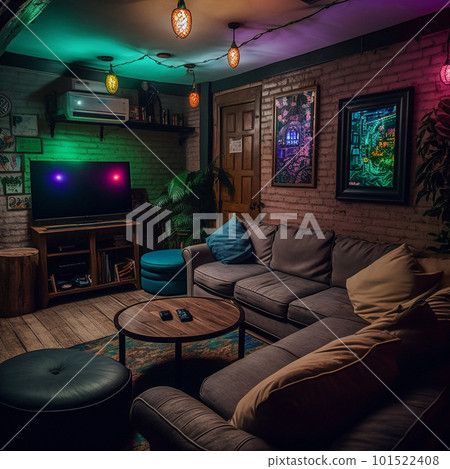 cozy basement lounge with tv 101522408