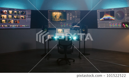 Computer, tablet and big screens with color grading program interface 101522522