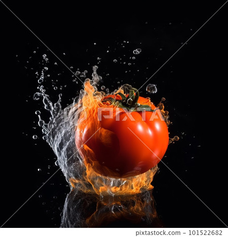 Tomato in the clash of water and fire on black background. Liquid drops arround. Photorealistic fluid texture. Ai generated illustration of red Tomato in water and fire flames. Tomato in the clash of water and fire on black background. Liquid drops arround. Photorealistic fluid texture. Ai generated illustration of red Tomato in water and fire flames. 101522682