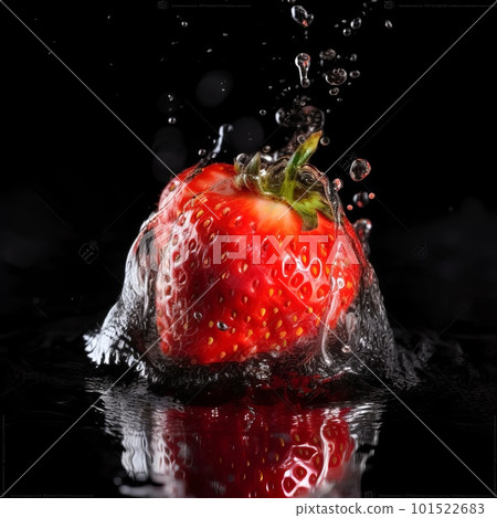 Strawberry in the splash of water isolated on black background. Liquid drops arround. Photorealistic fluid texture. Ai generated illustration of a red Strawberry in water drops. 101522683
