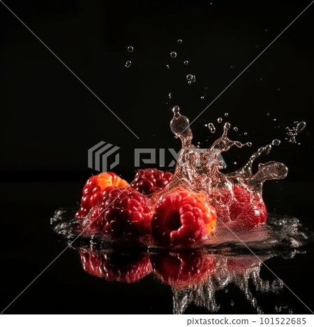 Raspberry in the splash of water isolated on black background. Liquid drops arround. Photorealistic fluid texture. Ai generated illustration of a red Raspberry in water drops. Raspberry in the splash of water isolated on black background. Liquid drops arround. Photorealistic fluid texture. Ai generated illustration of a red Raspberry in water drops. 101522685