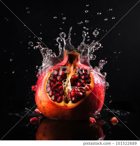 Pomegranate in the splash of water isolated on black background. Liquid drops arround. Photorealistic fluid texture. Ai generated illustration of a red Pomegranate in water drops. 101522689