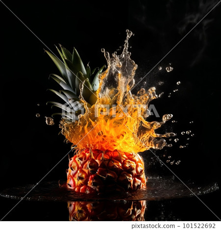 Pineapple in the splash of water isolated on black background. Liquid drops arround. Photorealistic fluid texture. Ai generated illustration of a Pineapple in water drops. 101522692