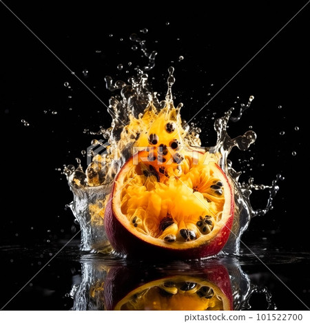 Passion fruit slice in the splash of water isolated on black background. Liquid drops arround. Photorealistic fluid texture. Ai generated illustration of Passion fruit slice in water drops. 101522700