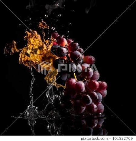 Grapes in the splash of water isolated on black background. Liquid drops arround. Photorealistic fluid texture. Ai generated illustration of Grapes in water drops. Grapes in the splash of water isolated on black background. Liquid drops arround. Photorealistic fluid texture. Ai generated illustration of Grapes in water drops. 101522709