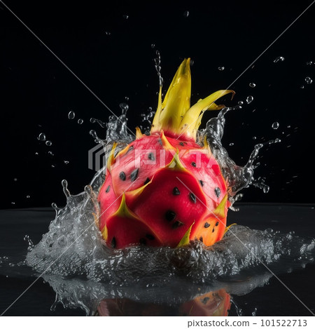 Dragon fruit in the splash of water isolated on black background. Liquid drops arround. Photorealistic fluid texture. Ai generated illustration of pink Dragon fruit in water drops. Dragon fruit in the splash of water isolated on black background. Liquid drops arround. Photorealistic fluid texture. Ai generated illustration of pink Dragon fruit in water drops. 101522713