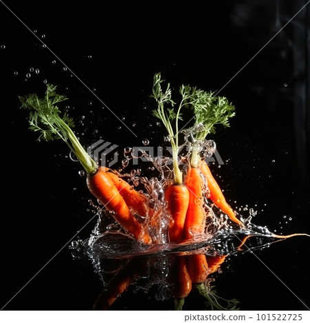 Carrots in the splash of water isolated on black background. Liquid drops arround. Photorealistic fluid texture. Ai generated illustration of orange Carrots in water drops. 101522725