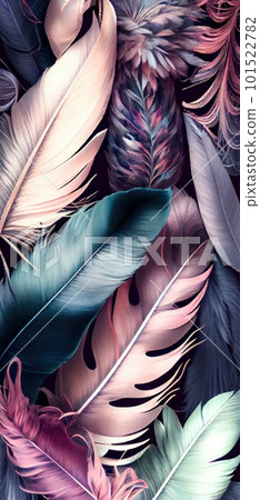 Feathers texture pastel vertical abstract background. Creative feather pattern. AI generated artistic vertical template for design. Collage print with decorative feather texture, modern art. 101522782