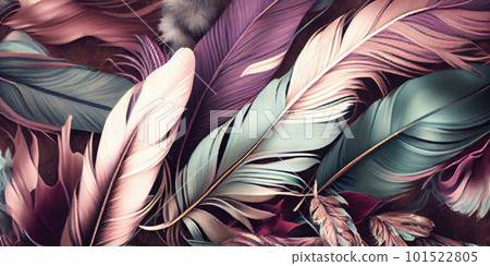 Feathers texture pastel horizontal abstract background. Creative feather pattern. AI generated artistic horizontal template for design. Collage print with decorative feather texture, modern art. Feathers texture pastel horizontal abstract background. Creative feather pattern. AI generated artistic horizontal template for design. Collage print with decorative feather texture, modern art. 101522805