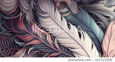 Feathers texture pastel horizontal abstract background. Creative feather pattern. AI generated artistic horizontal template for design. Collage print with decorative feather texture, modern art. Feathers texture pastel horizontal abstract background. Creative feather pattern. AI generated artistic horizontal template for design. Collage print with decorative feather texture, modern art. 101522806
