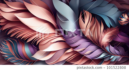 Feathers texture pastel horizontal abstract background. Creative feather pattern. AI generated artistic horizontal template for design. Collage print with decorative feather texture, modern art. Feathers texture pastel horizontal abstract background. Creative feather pattern. AI generated artistic horizontal template for design. Collage print with decorative feather texture, modern art. 101522808