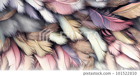 Feathers texture pastel horizontal abstract background. Creative feather pattern. AI generated artistic horizontal template for design. Collage print with decorative feather texture, modern art. Feathers texture pastel horizontal abstract background. Creative feather pattern. AI generated artistic horizontal template for design. Collage print with decorative feather texture, modern art. 101522810