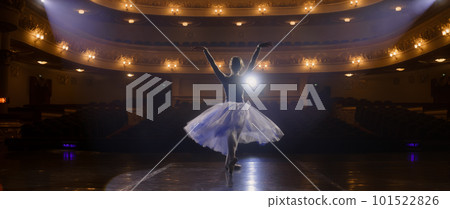 Ballet female dancer practices on theater stage 101522826